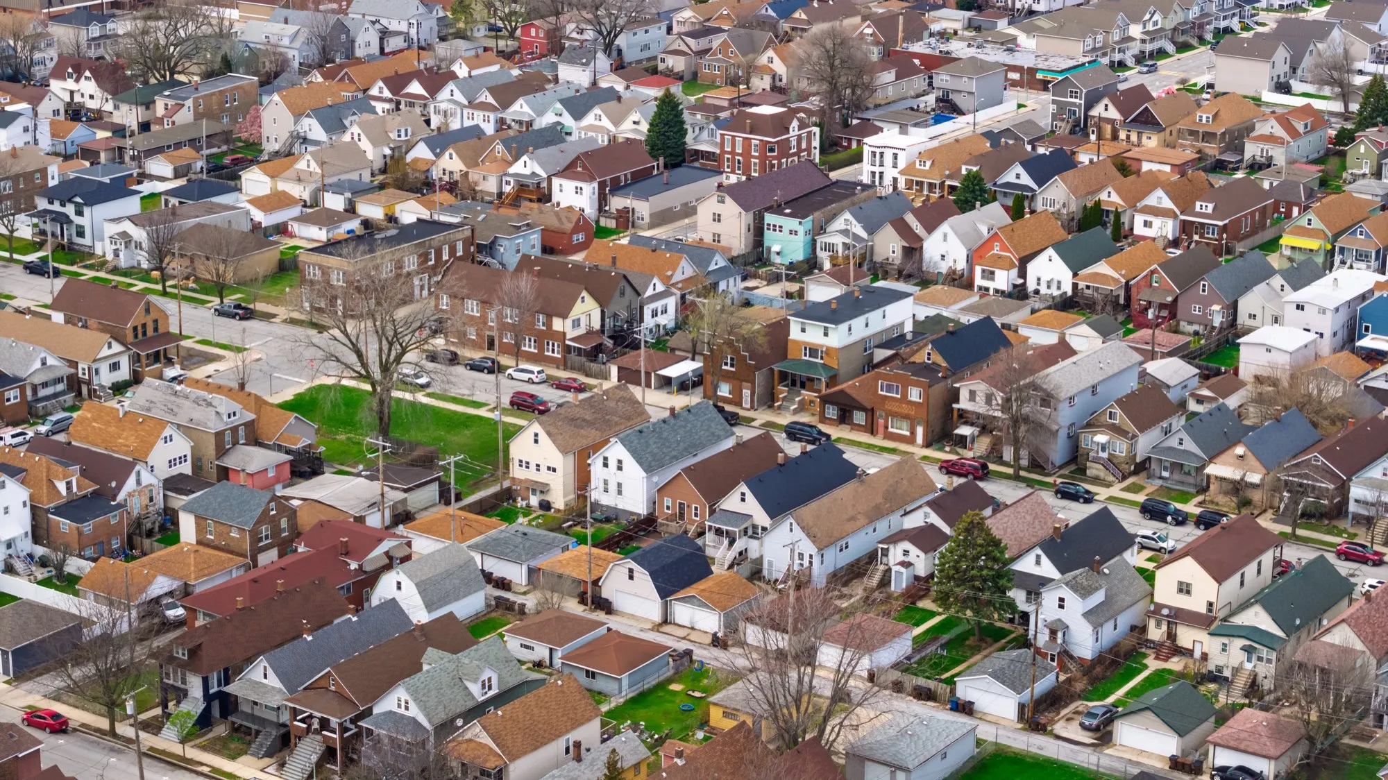 Aerial view of a Windsor residential street grid, houses and back lanes