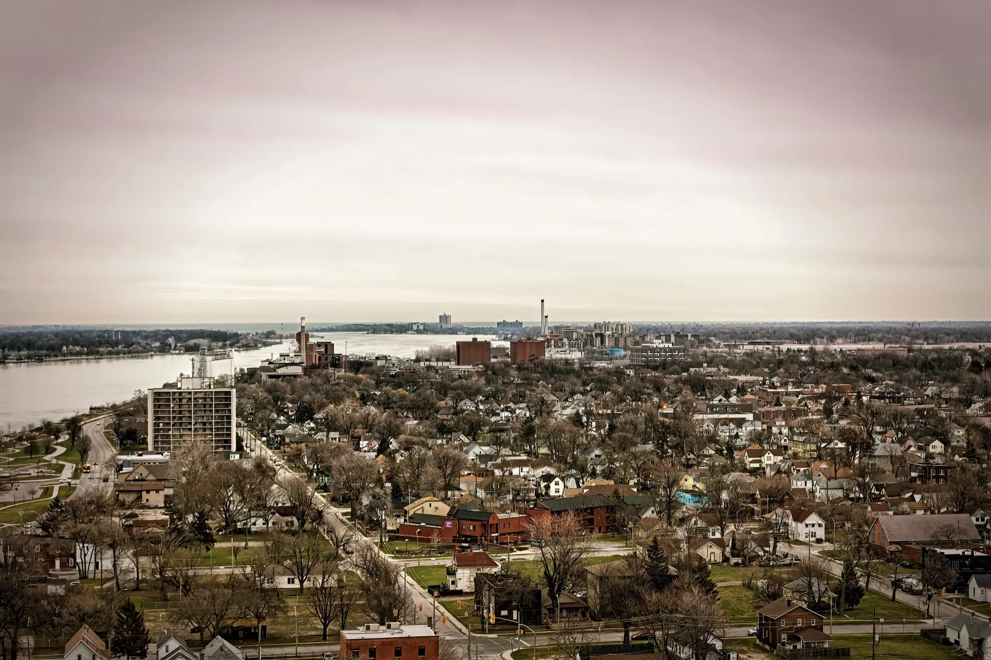 West Windsor from above, houses running down to the Detroit River